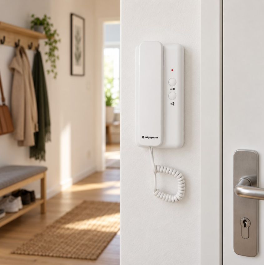 Nippon Haustelefon an der Wand neben der Wohnungstür (KI-generiertes Bild)